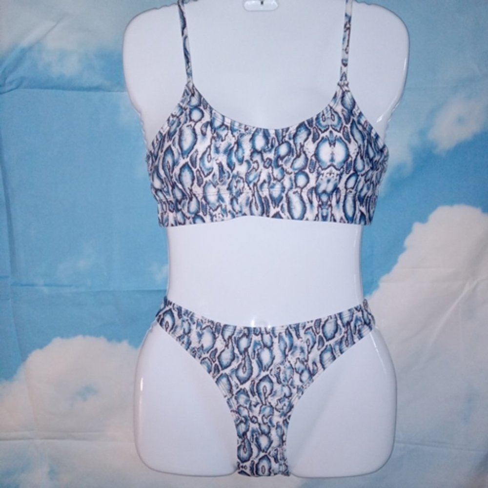 Shekini Round-neck Bralette and Hipster bottom Blue Snakeskin 2-piece Bikini NEW